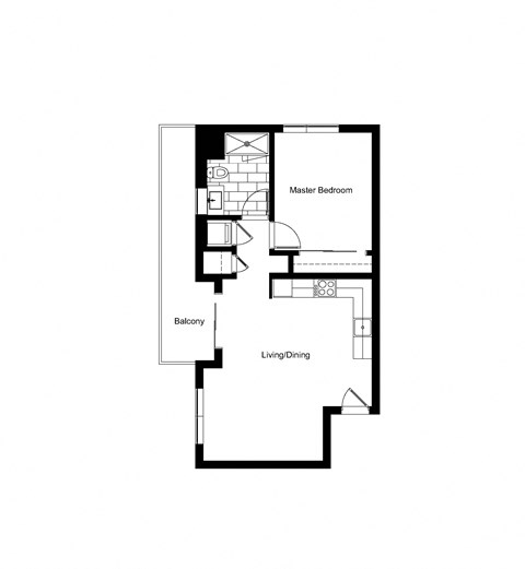 Floor plan for 1 bed, 1 bath, 654 sqft